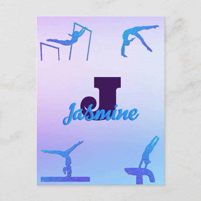 Girly Gymnastics Blue Lila Monogram Personlig Vykort (Framsida)