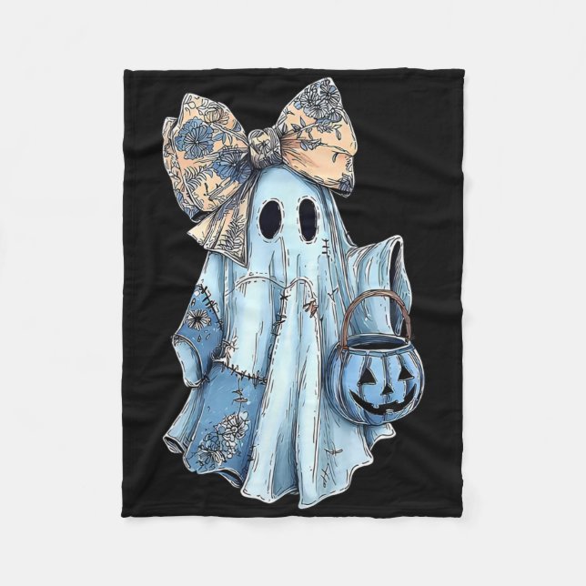 Girly Halloween Blue Denim Ghost Preppy Ghost Bow Fleecefilt (Framsidan)