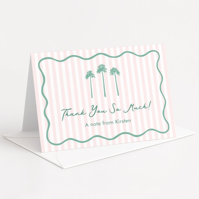 Girly Hand-drawn Palm Springs Bachelorette Party Tack Kort (Pink Mint Tropical Fan Palm Trees Palm Springs folding thank you card hand-drawn squiggle border)