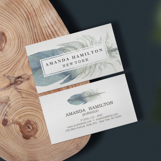Girly Hand plockade vattenfärgsblå fjäder boho Visitkort (Skapare uppladdad)