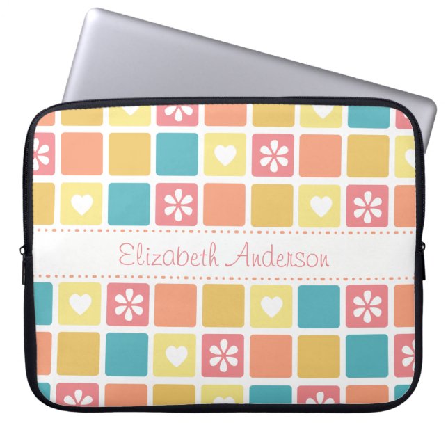 Girly Heart Square Mönster Retro Daisy Flowers Laptop Sleeve (Framsidan)