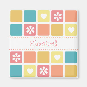 Girly Heart Square Mönster Retro Daisy Flowers Magnet