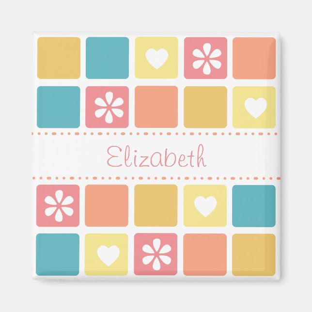 Girly Heart Square Mönster Retro Daisy Flowers Magnet (Framsidan)