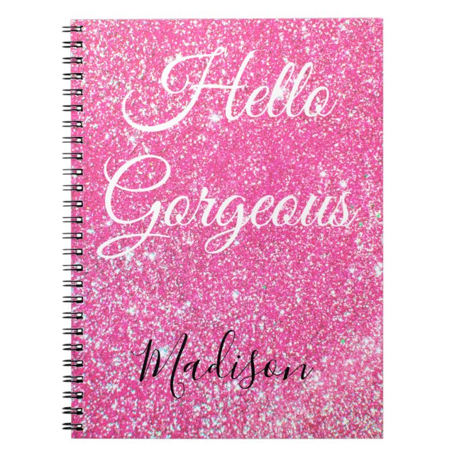 Girly Hej Gorgous Shock rosa Gnistra Namn Glitter Anteckningsbok (Framsidan)