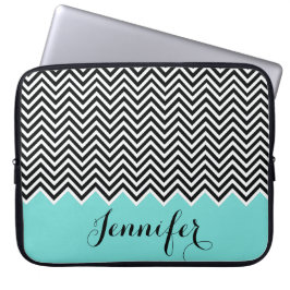 GIRLY HETT TEAL BLUE Black white Chevron Anpassnin Laptop Sleeve