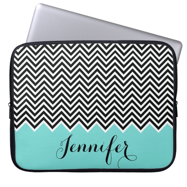 GIRLY HETT TEAL BLUE Black white Chevron Anpassnin Laptop Sleeve (Framsidan)
