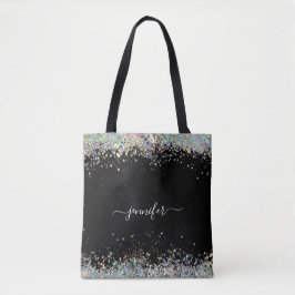 Girly Holografiska Glitter Monogram Namn Black Tygkasse