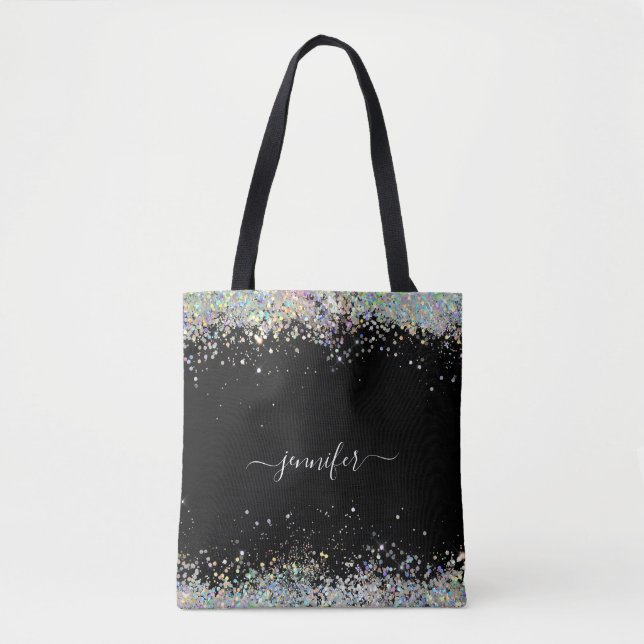 Girly Holografiska Glitter Monogram Namn Black Tygkasse (Framsida)