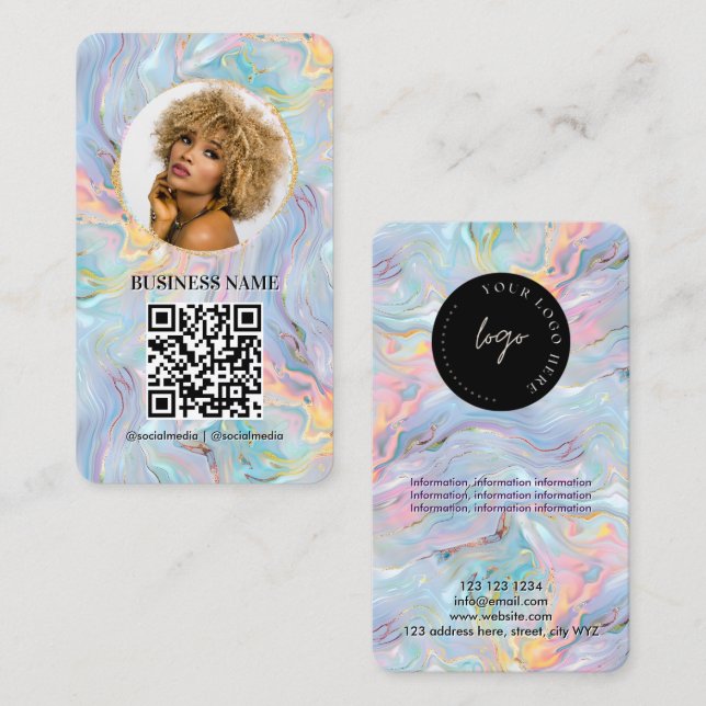 Girly HoloGraph Marble Swirl QR Code Logotyp Visitkort (Fram/baksida)