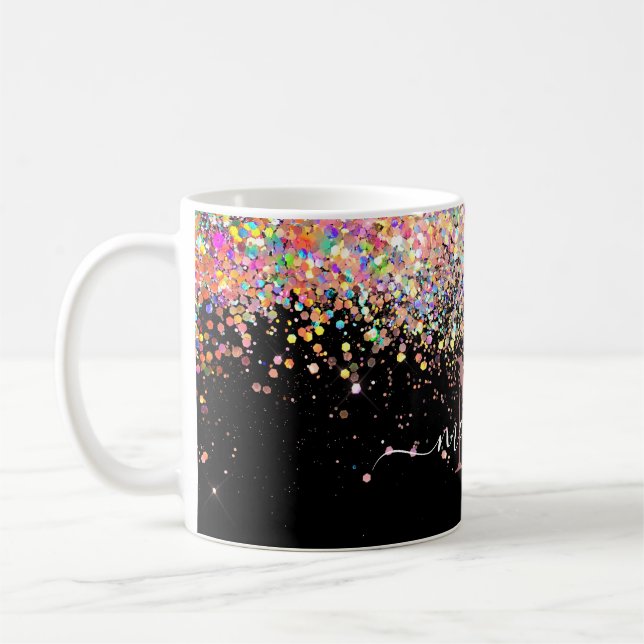 Girly Holography Glitter & Gnistra Monogram Black Kaffemugg (Vänster)