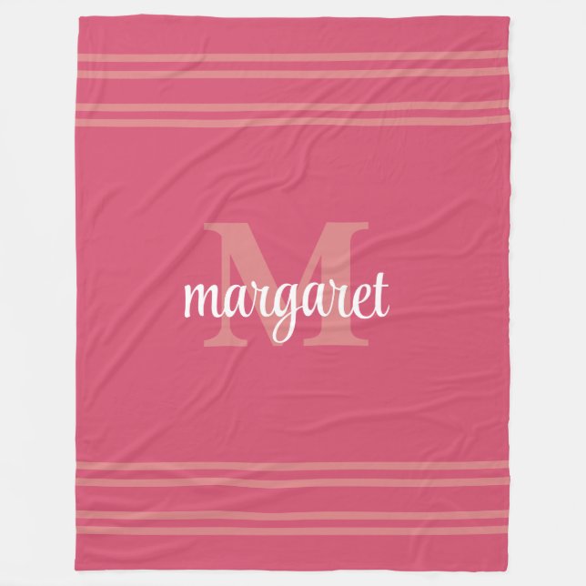 Girly hot pink  white monogram name Fleece Blanket (Framsidan)