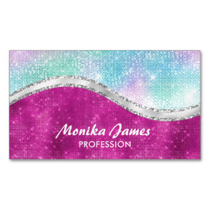 Girly Iridescent Rosa Silver Faux Glitter Monogram Magnetiska Visitkort