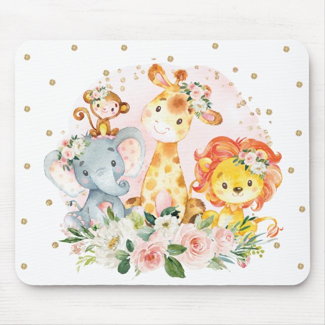 Girly Jungle Safari Animals  Guld Flowers Musmatta (Framsidan)