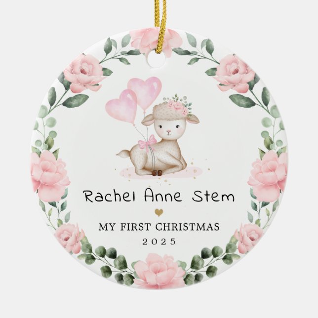 Girly Lamb Pink Floral Wreath Baby First Christmas Julgransprydnad Keramik (Framsidan)