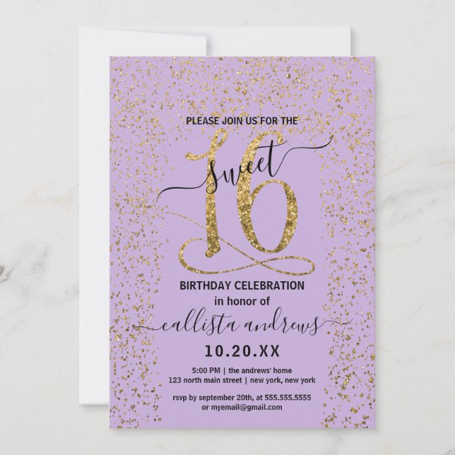Girly Lavender Guld Confetti Gräns Sweet 16 Inbjudningar (Framsida)