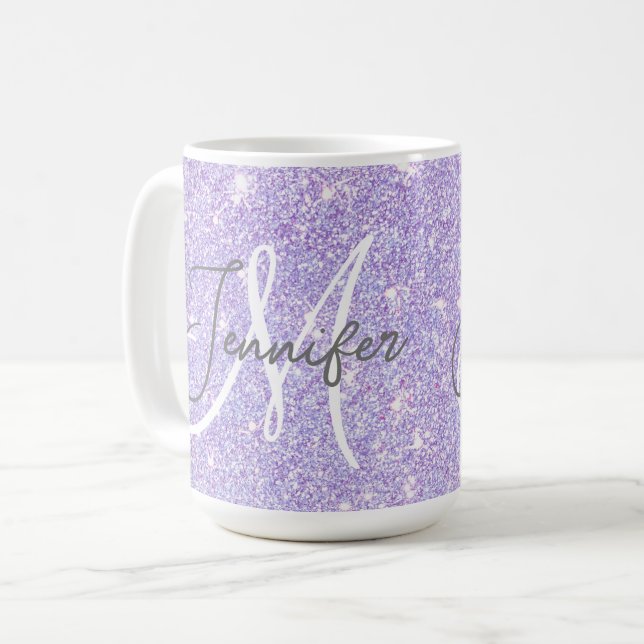 Girly Lavender Lila Glitter  Monogram namn Kaffemugg (Framsida vänster)