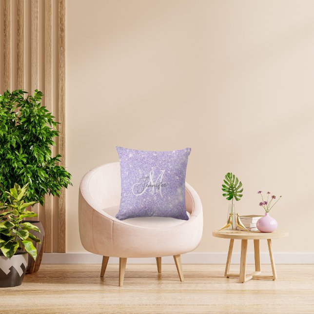 Girly Lavender Lila Glitter  Monogram namn Kudde (Skapare uppladdad)