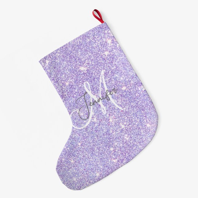 Girly Lavender Lila Glitter  Monogram namn Stor Julstrumpa (Baksidan (Hängande))