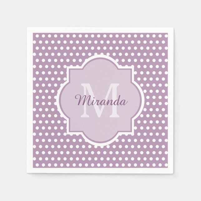 Girly Lavender Lila Polka dots Monogram och Namn Pappersservett (Framsidan)