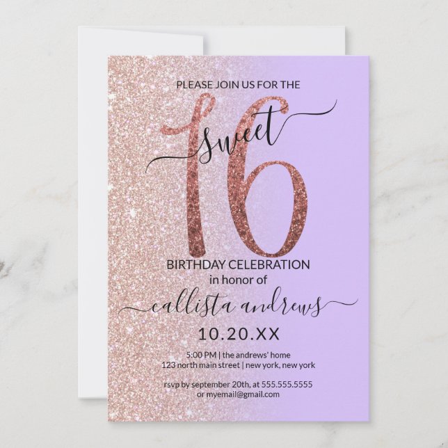 Girly Lavender Ro Guld Glitter Ombre Sweet 16 Inbjudningar (Framsida)