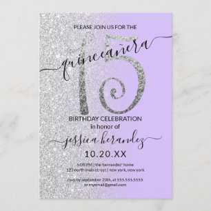 Girly Lavender Silver Glitter Ombre Quinceañera Inbjudningar