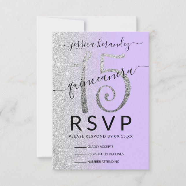 Girly Lavender Silver Glitter Ombre Quinceañera OSA Kort (Framsida)