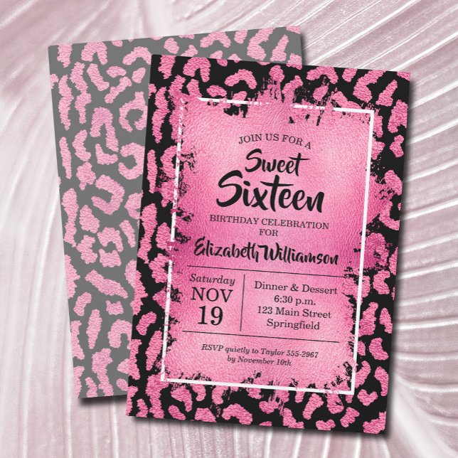 Girly Leopard Födelsedagsfest inbjudan (Pink and black leopard sweet 16th birthday party invitations, PRINTED and/or INSTANT DOWNLOAD)
