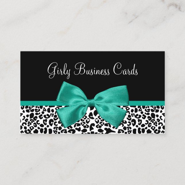Girly Leopard Print Emerald Grönt Ribbon Visitkort (Framsida)
