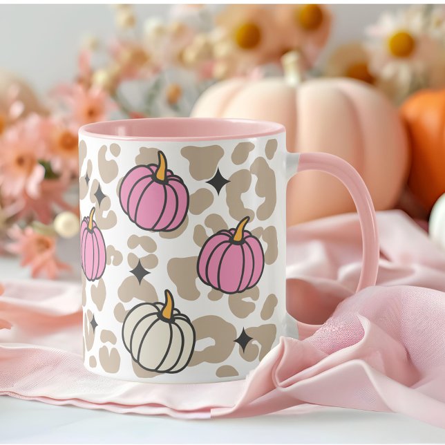 Girly Leopard Rosa and White Pumpkins Halloween Mugg (Girly Leopard Pink and White Pumpkins Halloween Mug)