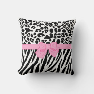 Girly Leopard Zebra Animal Print and Cute Rosa Bow Kudde