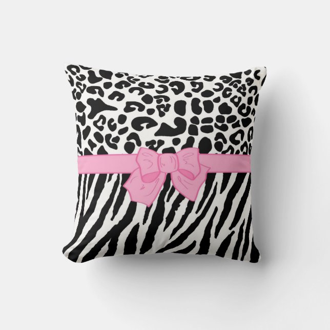 Girly Leopard Zebra Animal Print and Cute Rosa Bow Kudde (Framsida)