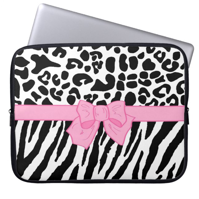 Girly Leopard Zebra Animal Print and Cute Rosa Bow Laptop Fodral (Framsidan)