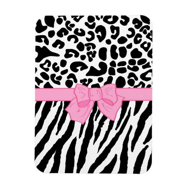 Girly Leopard Zebra Animal Print and Cute Rosa Bow Magnet (Vertikal)