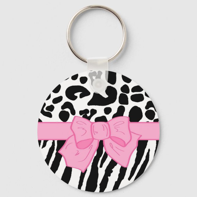 Girly Leopard Zebra Animal Print and Cute Rosa Bow Nyckelring (Framsida)