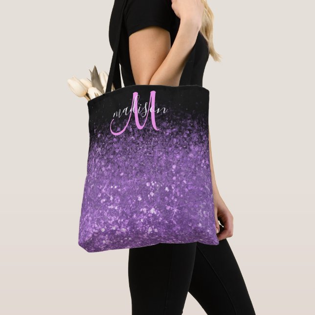 Girly Lila & Black Glitter Gnistra Monogram Tygkasse (Närbild)
