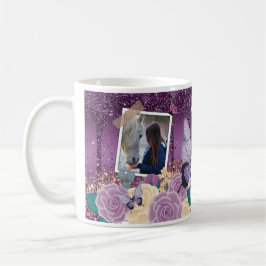 Girly Lila Blommigt Faux Sparkly Two Photo Namn Kaffemugg