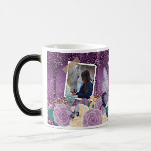 Girly Lila Blommigt Faux Sparkly Two Photo Namn Magisk Mugg