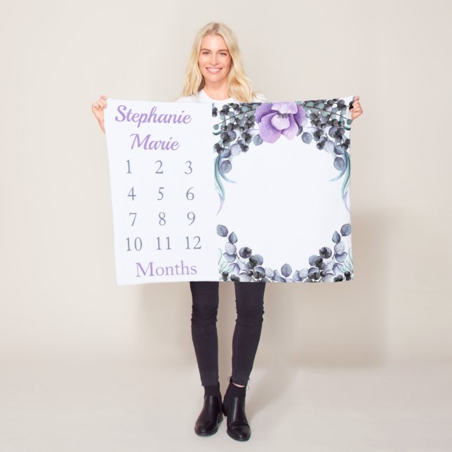 Girly Lila Blommigt Flicka Milestone Baby Fleecefilt (På plats)