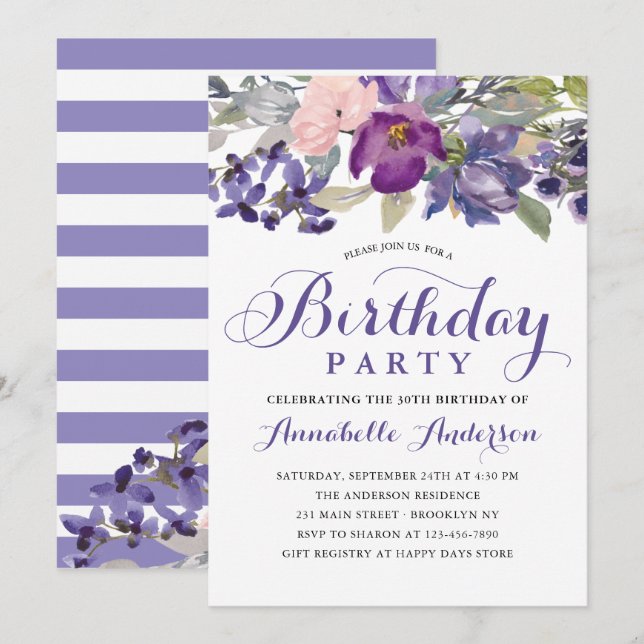 Girly Lila Blommigt Watercolor Script Birthday Inbjudningar (Fram/baksida)