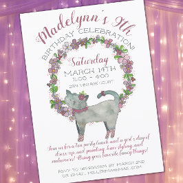 Girly Lila blommor med Cute Cat Birthday Inbjudningar