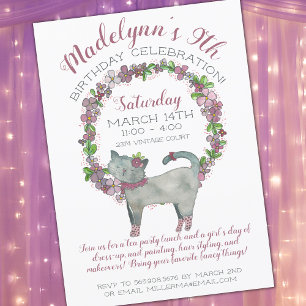 Girly Lila blommor med Cute Cat Birthday Inbjudningar