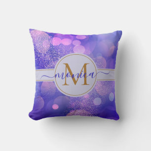 Girly Lila Bokeh Guld Glitter Monogram Namn Kudde