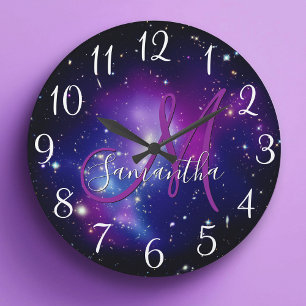 Girly Lila Celestial Photo Monogram Stor Klocka