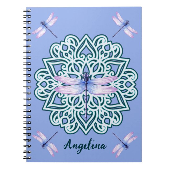 Girly Lila Dragonfly Mandala Monogram Namn Anteckningsbok (Framsidan)