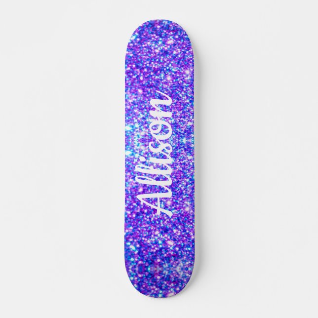 Girly Lila Faux Glitter Personlig Namn Mini Skateboard Bräda 18,5 Cm (Framsida)