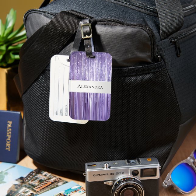 Girly Lila Glam Glitzy Tinsel Rand Bagagebricka (Framsida & Baksida)