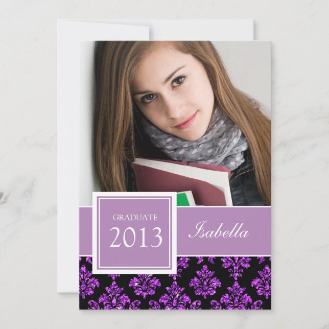 GIRLY LILA GLITTER DAMASK GRAD PHOTO INBJUDNINGAR (Framsida)
