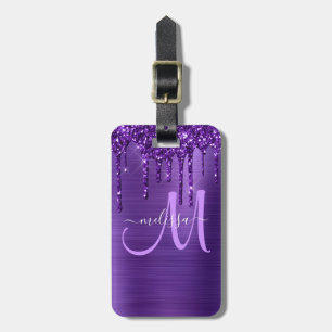 Girly Lila Glitter Push Metall Monogram Bagagebricka