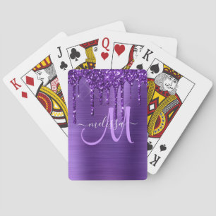Girly Lila Glitter Push Metall Monogram Casinokort