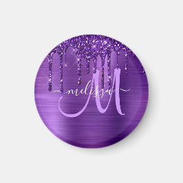 Girly Lila Glitter Push Metall Monogram Magnet